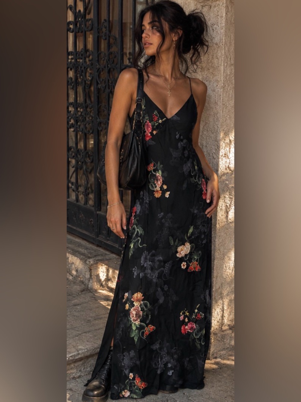 AllSaints Melody Nancy Black Floral Silk Blend Maxi Slip Dress whimsigoth 90s